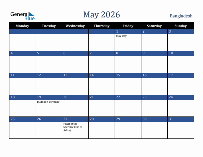 May 2026 Bangladesh Calendar (Monday Start)