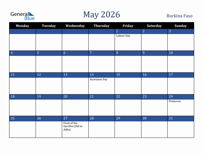May 2026 Burkina Faso Calendar (Monday Start)