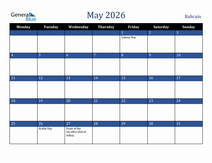 May 2026 Bahrain Calendar (Monday Start)