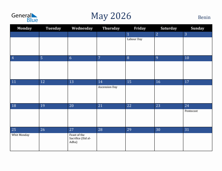 May 2026 Benin Calendar (Monday Start)