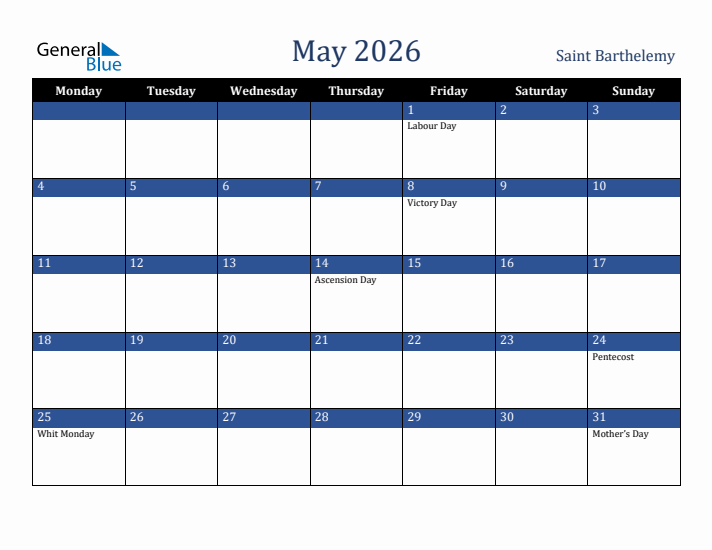 May 2026 Saint Barthelemy Calendar (Monday Start)