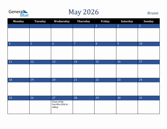 May 2026 Brunei Calendar (Monday Start)