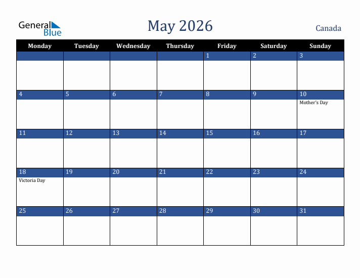 May 2026 Canada Calendar (Monday Start)