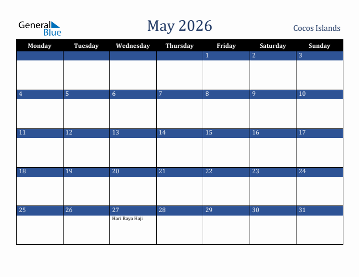 May 2026 Cocos Islands Calendar (Monday Start)
