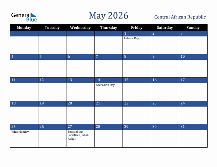 May 2026 Central African Republic Calendar (Monday Start)