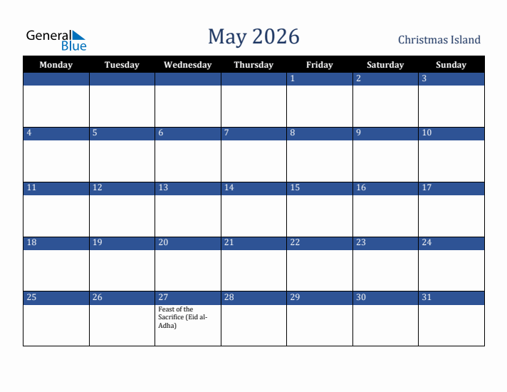 May 2026 Christmas Island Calendar (Monday Start)