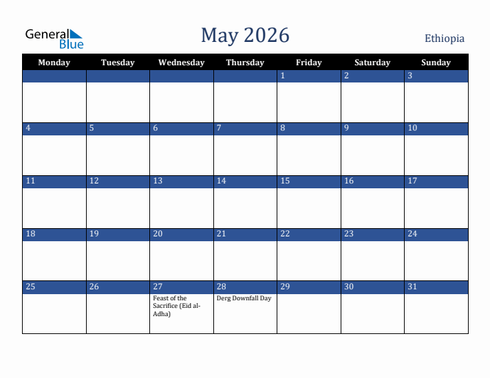 May 2026 Ethiopia Calendar (Monday Start)