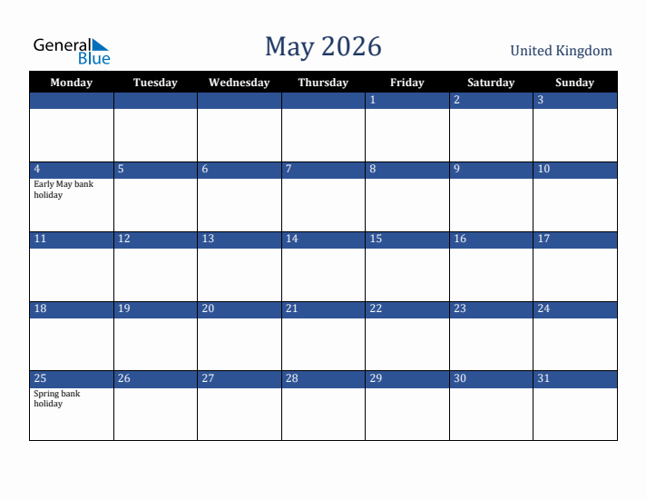 May 2026 United Kingdom Calendar (Monday Start)
