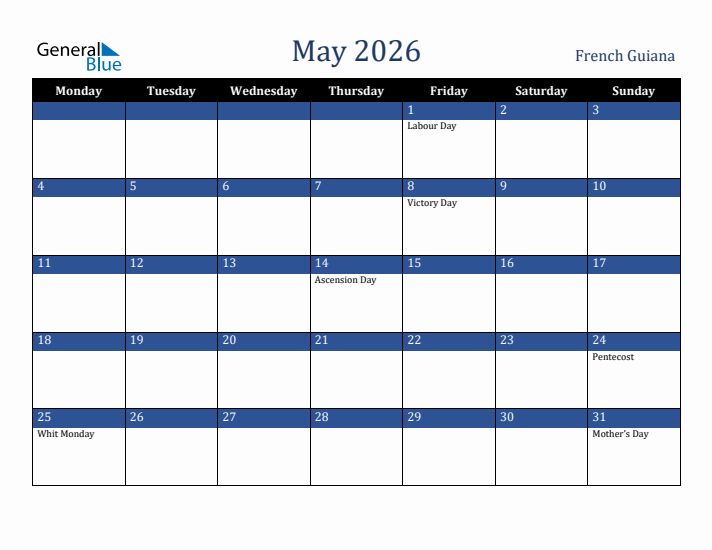 May 2026 French Guiana Calendar (Monday Start)