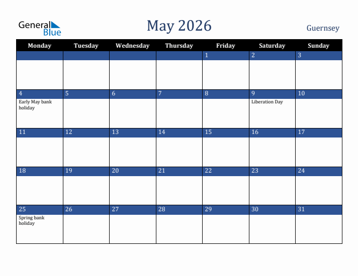 May 2026 Guernsey Calendar (Monday Start)