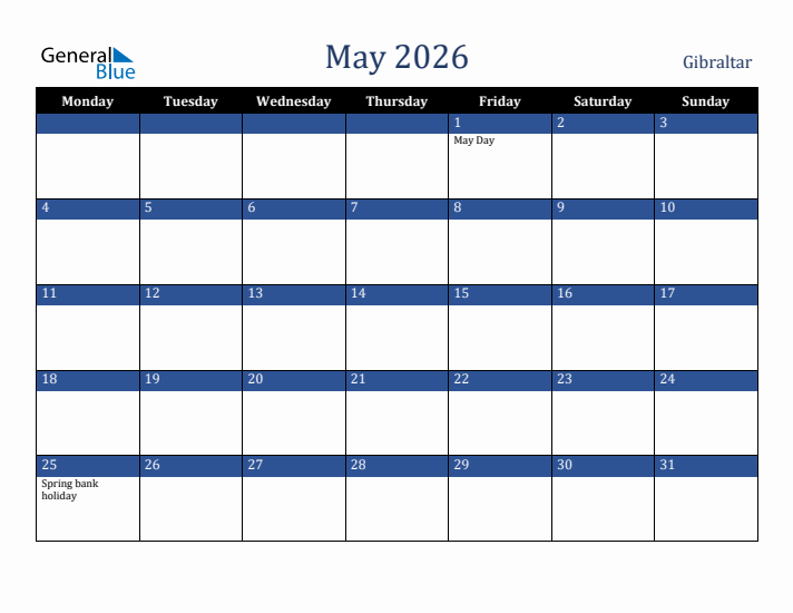 May 2026 Gibraltar Calendar (Monday Start)