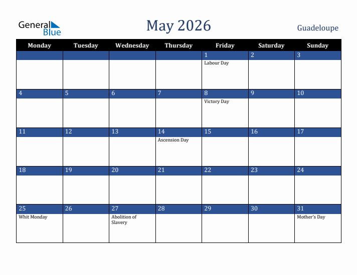 May 2026 Guadeloupe Calendar (Monday Start)