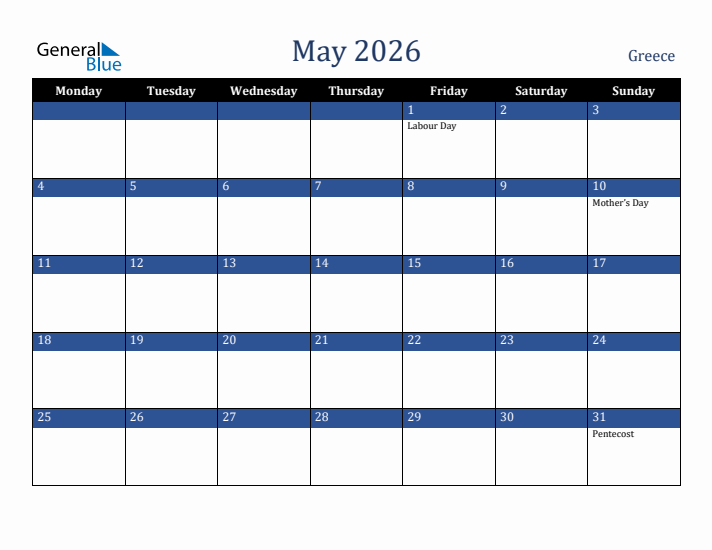 May 2026 Greece Calendar (Monday Start)