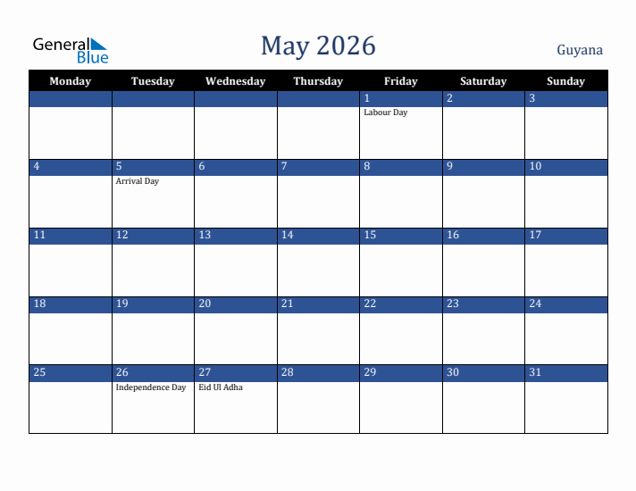 May 2026 Guyana Calendar (Monday Start)