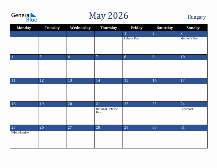 May 2026 Hungary Calendar (Monday Start)
