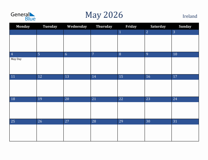 May 2026 Ireland Calendar (Monday Start)