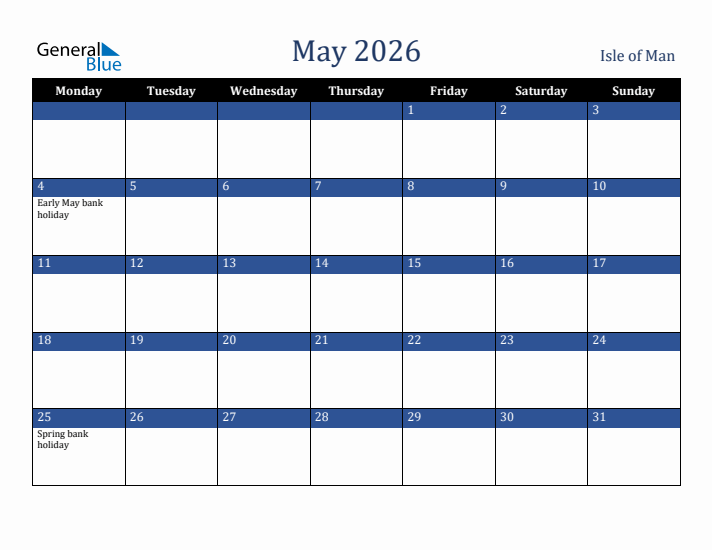 May 2026 Isle of Man Calendar (Monday Start)