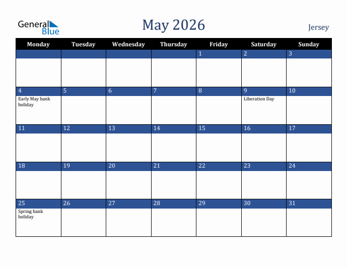 May 2026 Jersey Calendar (Monday Start)