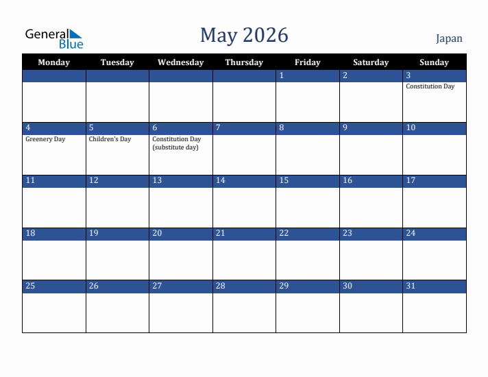 May 2026 Japan Calendar (Monday Start)