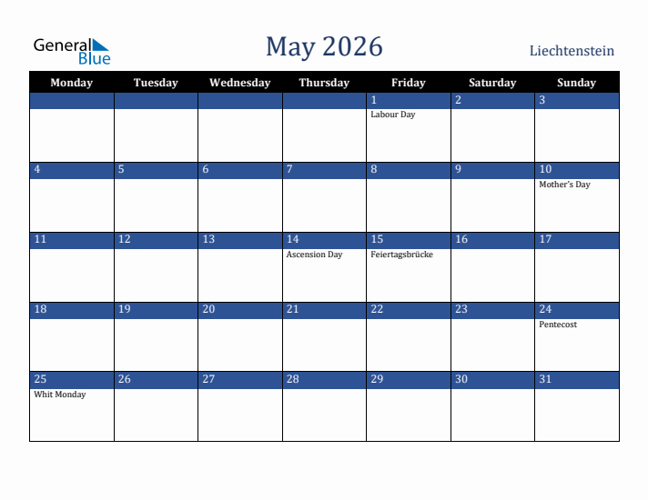 May 2026 Liechtenstein Calendar (Monday Start)