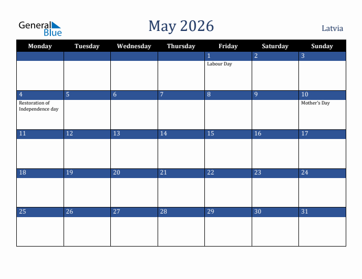 May 2026 Latvia Calendar (Monday Start)