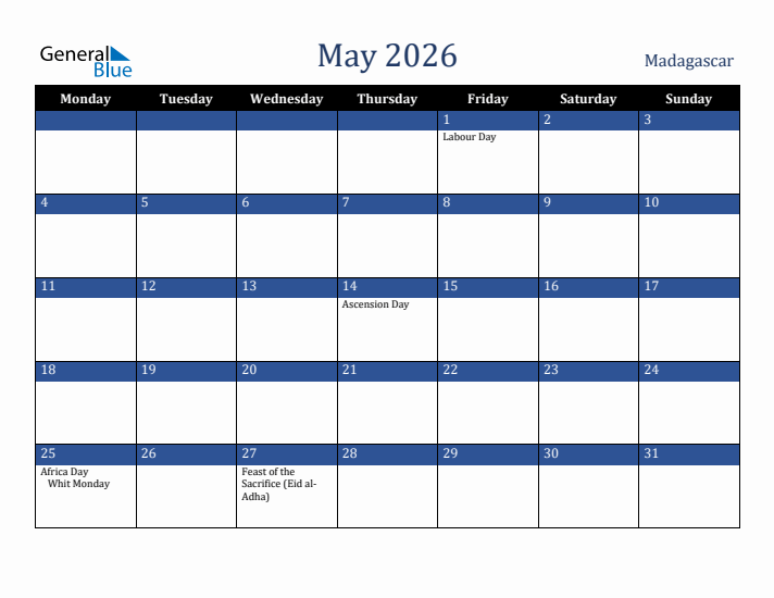 May 2026 Madagascar Calendar (Monday Start)