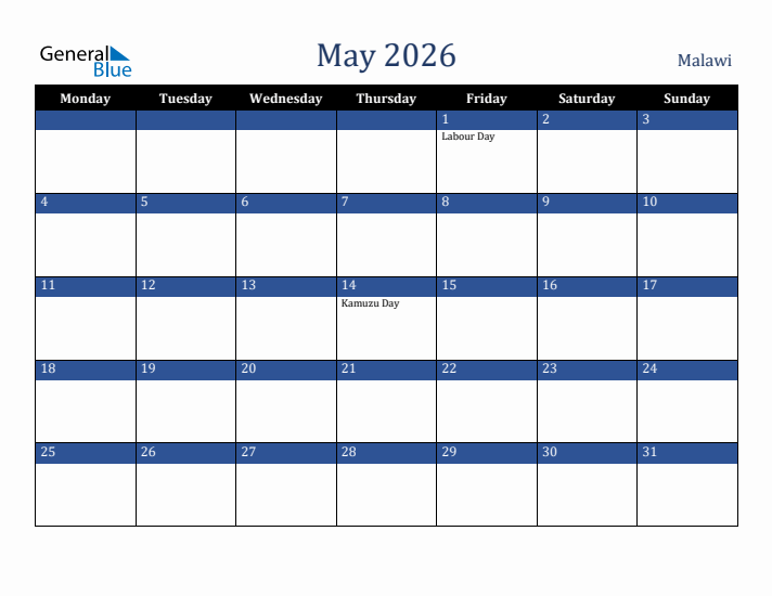 May 2026 Malawi Calendar (Monday Start)