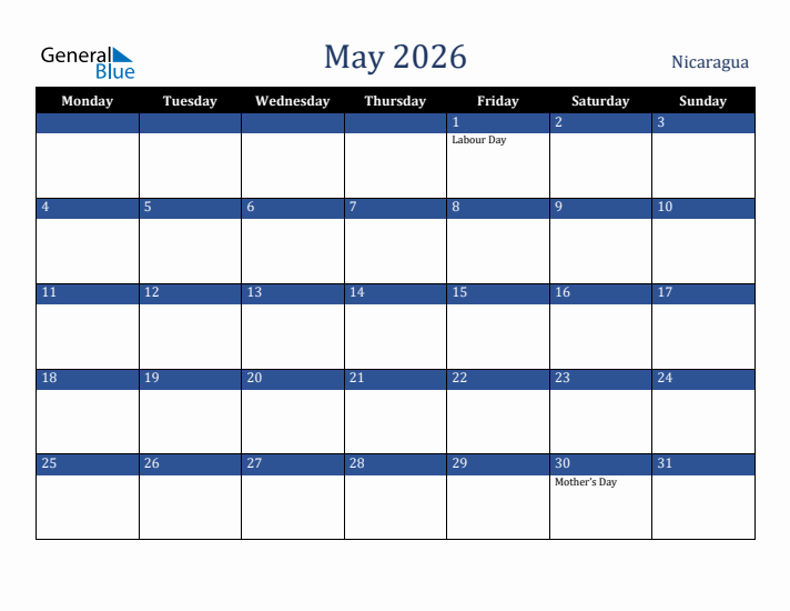 May 2026 Nicaragua Calendar (Monday Start)