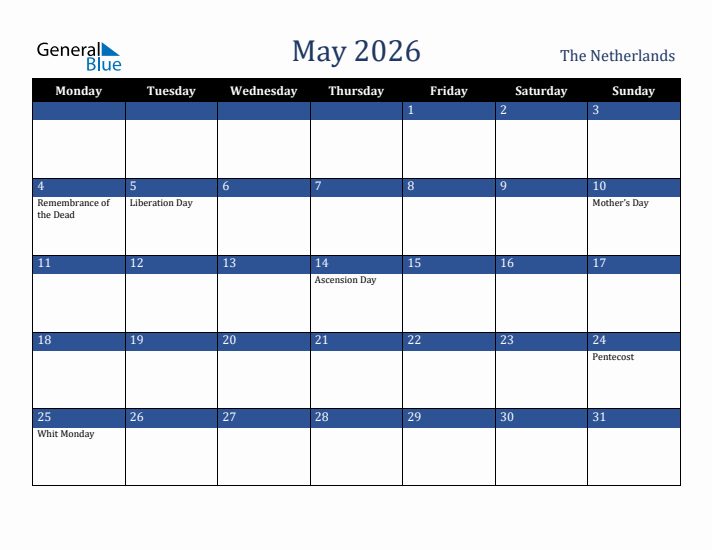 May 2026 The Netherlands Calendar (Monday Start)