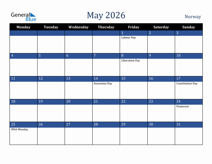 May 2026 Norway Calendar (Monday Start)