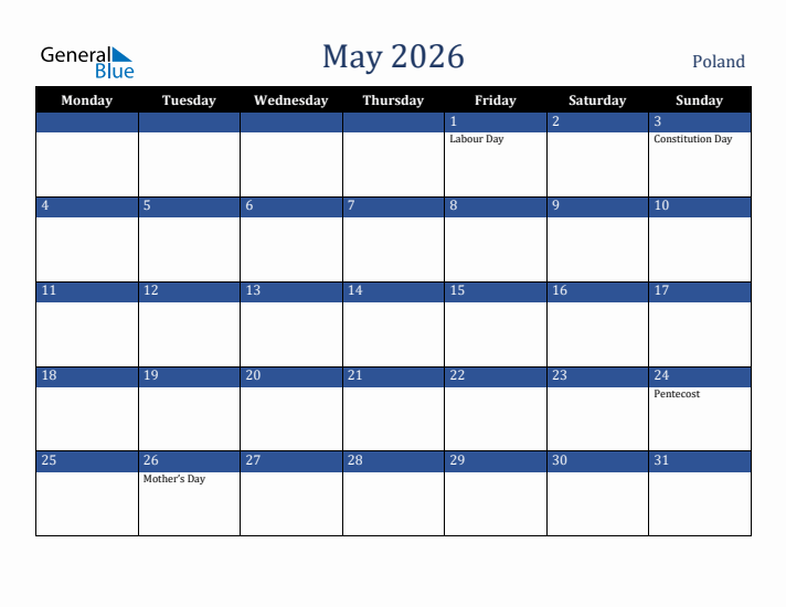 May 2026 Poland Calendar (Monday Start)