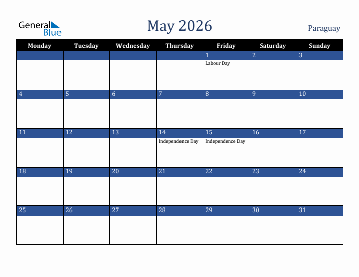 May 2026 Paraguay Calendar (Monday Start)