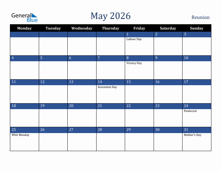 May 2026 Reunion Calendar (Monday Start)