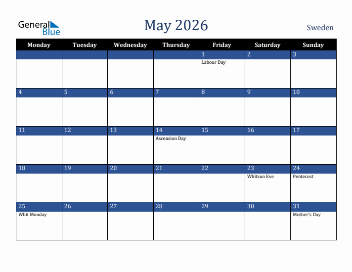 May 2026 Sweden Calendar (Monday Start)
