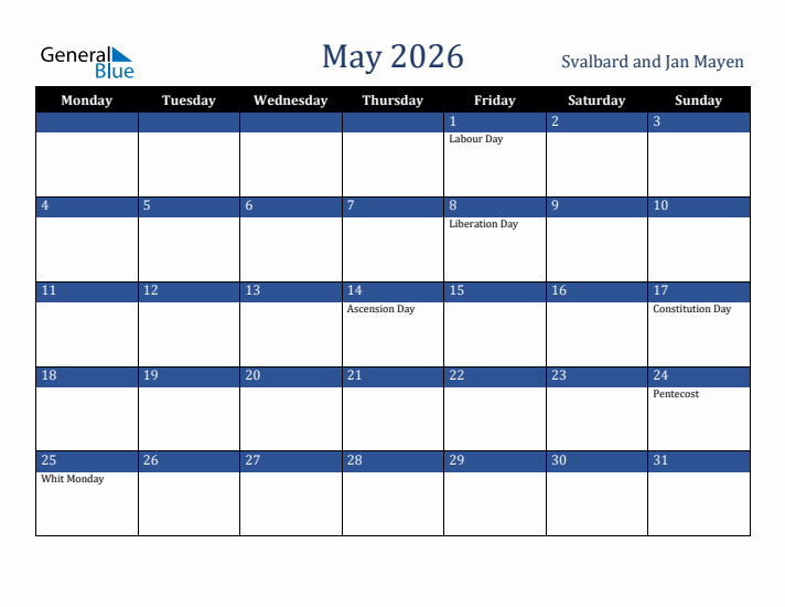 May 2026 Svalbard and Jan Mayen Calendar (Monday Start)