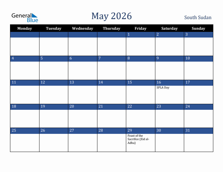 May 2026 South Sudan Calendar (Monday Start)