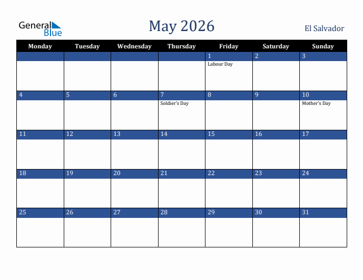 May 2026 El Salvador Calendar (Monday Start)