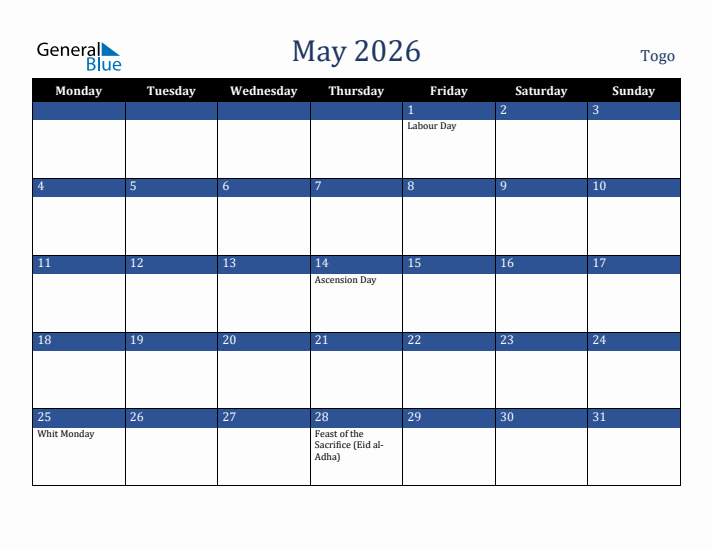 May 2026 Togo Calendar (Monday Start)