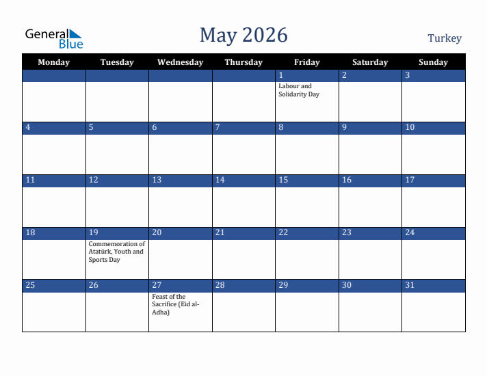 May 2026 Turkey Calendar (Monday Start)