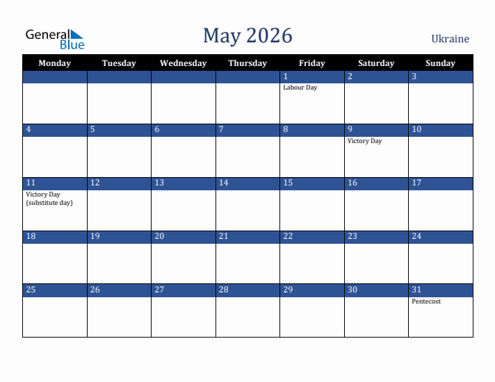 May 2026 Ukraine Calendar (Monday Start)