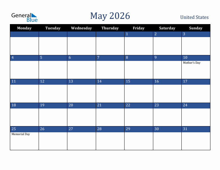 May 2026 United States Calendar (Monday Start)