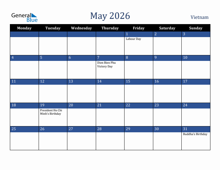 May 2026 Vietnam Calendar (Monday Start)