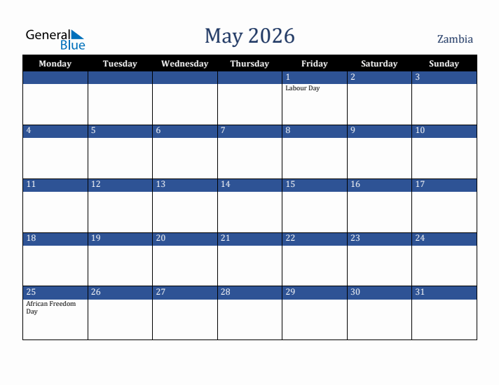 May 2026 Zambia Calendar (Monday Start)