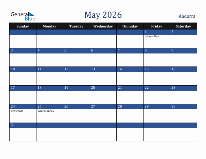 May 2026 Andorra Calendar (Sunday Start)
