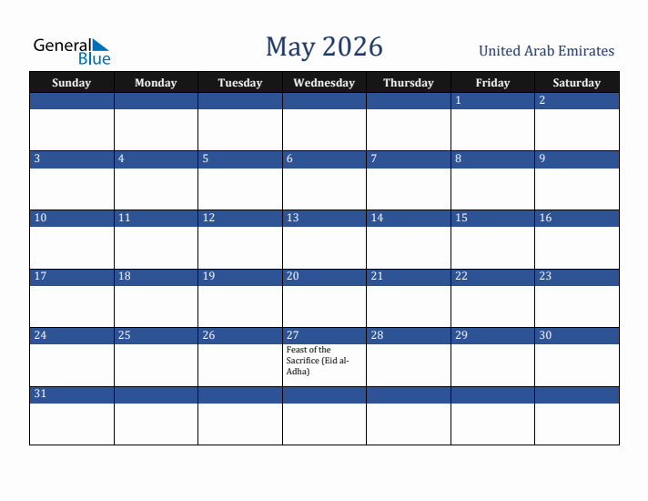 May 2026 United Arab Emirates Calendar (Sunday Start)