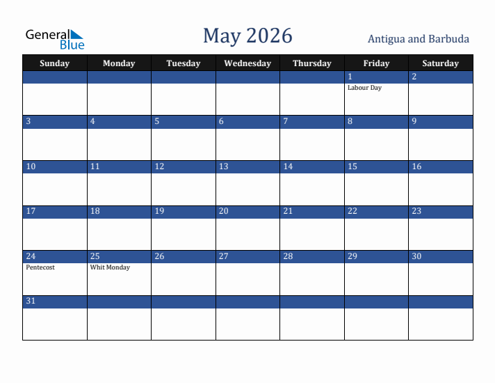 May 2026 Antigua and Barbuda Calendar (Sunday Start)
