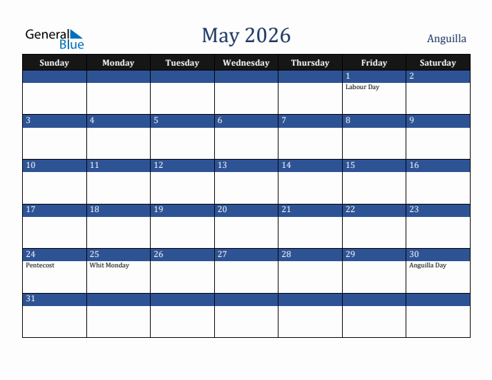 May 2026 Anguilla Calendar (Sunday Start)