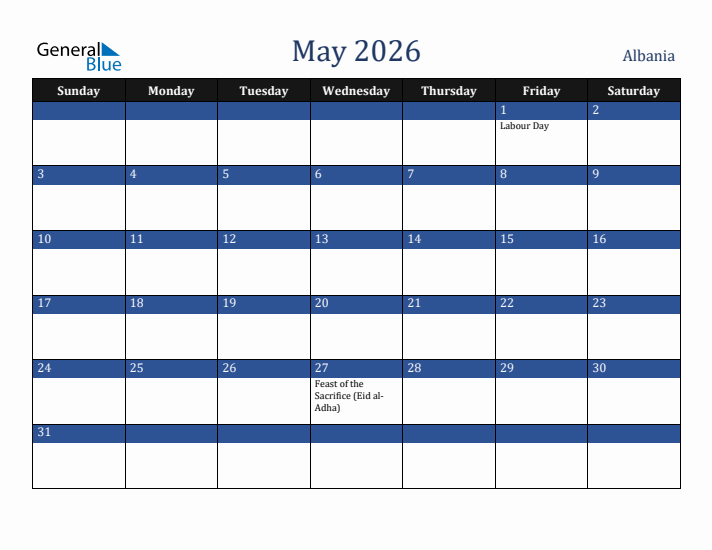 May 2026 Albania Calendar (Sunday Start)
