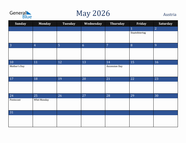 May 2026 Austria Calendar (Sunday Start)