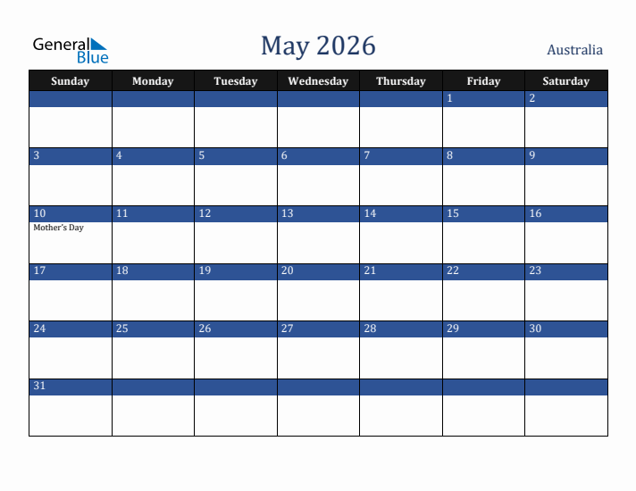 May 2026 Australia Calendar (Sunday Start)